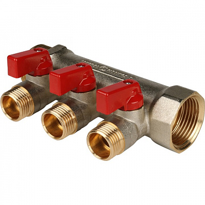 Коллектор Stout с шаровыми кранами 1x1/2 с 3 отводами, красный, SMB 6200 011203 Коллектор Stout с шаровыми кранами 1x1/2 с 3 отводами, красный, SMB 6200 011203