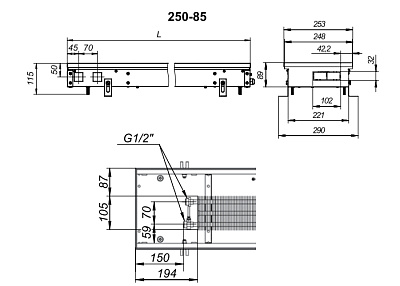Внутрипольный конвектор с естественной конвекцией Techno KVZ 250-85-2000
